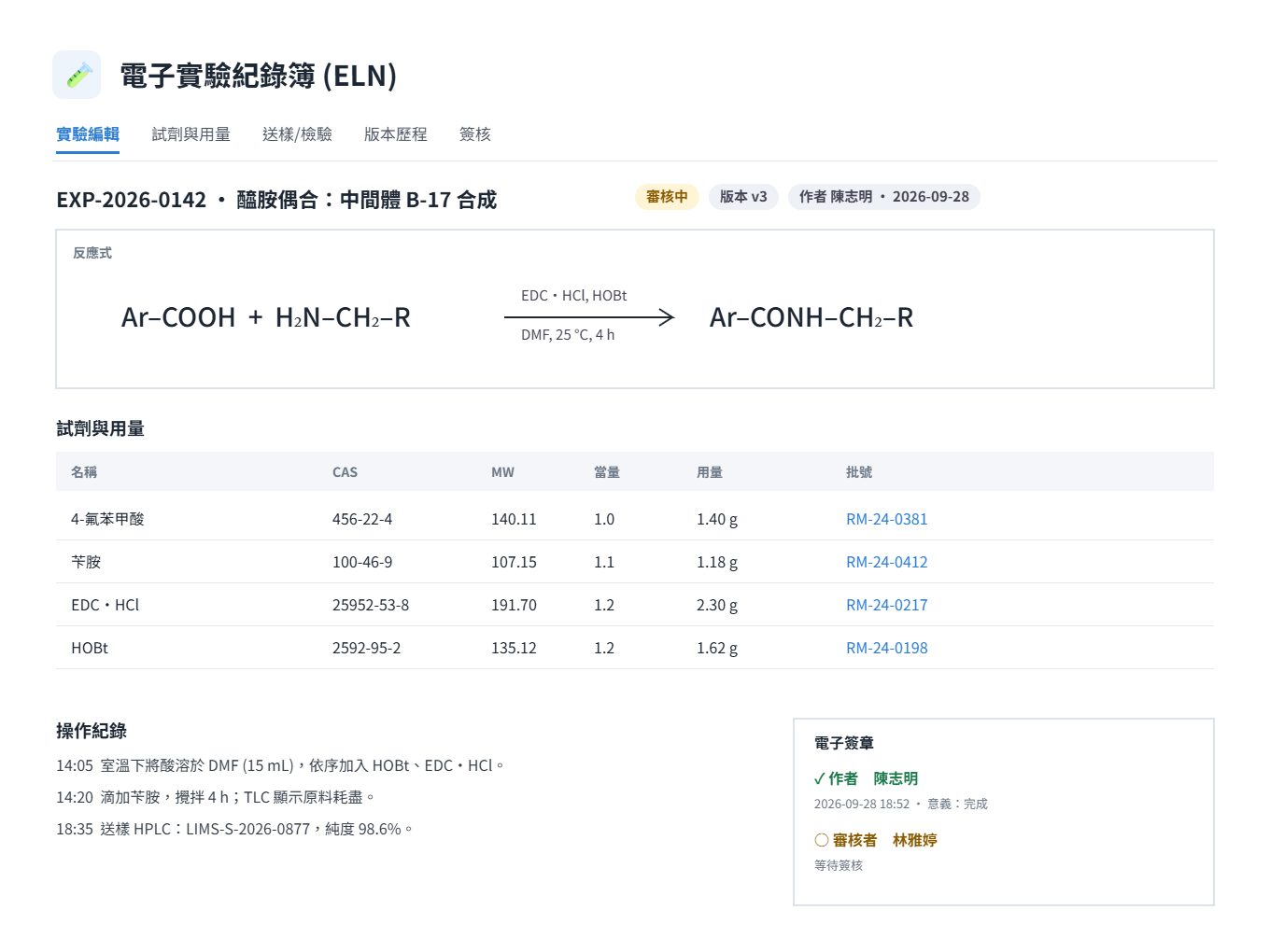 畫面:ELN 實驗紀錄操作介面
